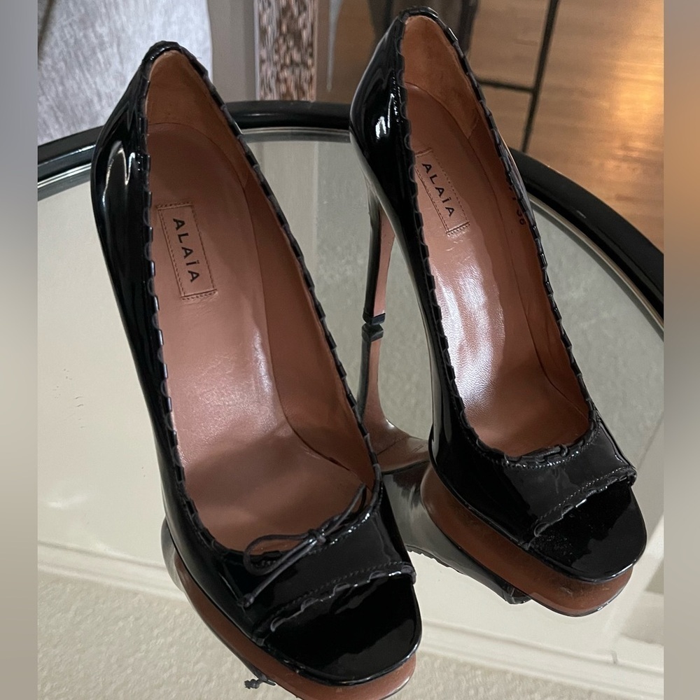 ALAIA Patent Leather Bow Peep-Toe Pumps 100mm heel
